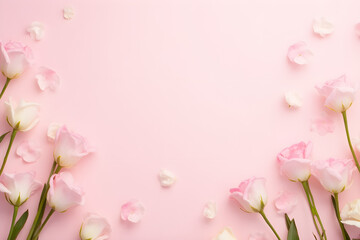 Fototapeta premium Banner with flowers on light pink background. Greeting card template for Wedding