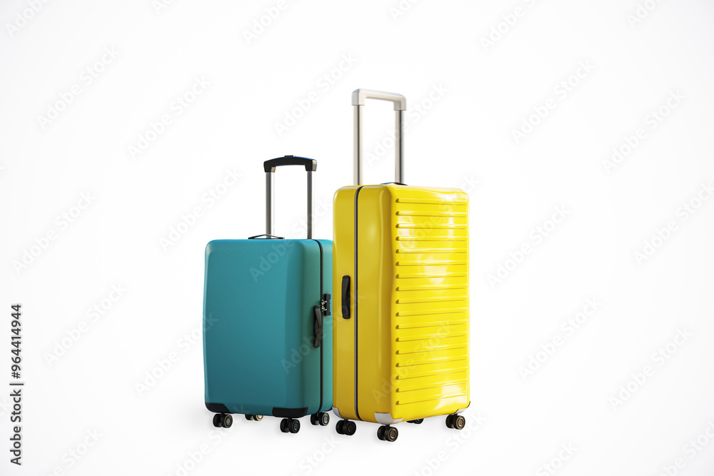 Poster two modern suitcases, one yellow and one blue, standing on a light background. 3d rendering
