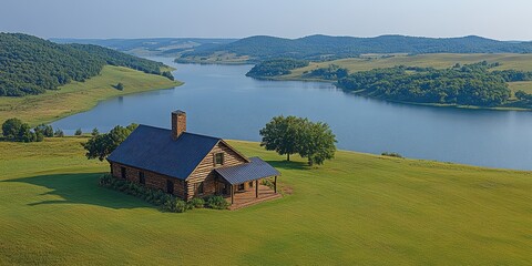 A picturesque log cabin with a dark roof sits amidst lush green fields on the banks of a serene, winding river flanked by rolling hills and forests