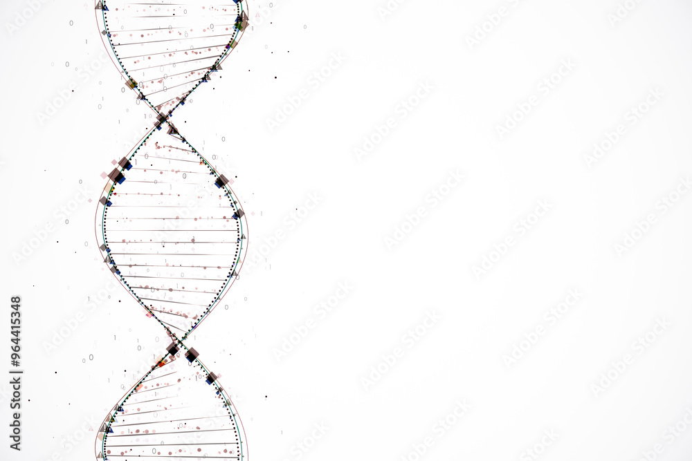 Poster DNA spiral structure with digital elements on a white background. 3D Rendering