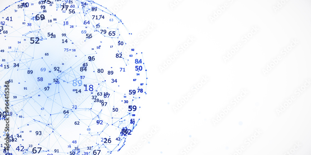 Poster Abstract background with interconnected blue numbers on a white backdrop. 3D Rendering