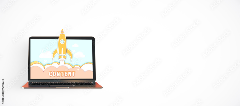 Poster Laptop with Rocket Launch Image and Content Text on Screen, Isolated on White Background. 3D Rendering