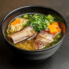 Noodle Soup with Pork Ribs and Vegetables in a Black Bowl