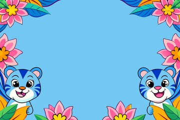 Obraz premium Blue frame for text with flowers and tiger cubs on the edges