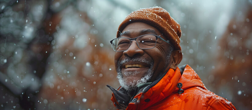 Senior black person smiling happy as he runs on a rainy autumnal fall afternoon. Happy old gay homosexual man keeping fit and active jogging in orange raincoat. Running to stay active in winter snow. 