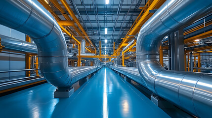 Fototapeta premium Industrial plant with silver pipes running along the ceiling