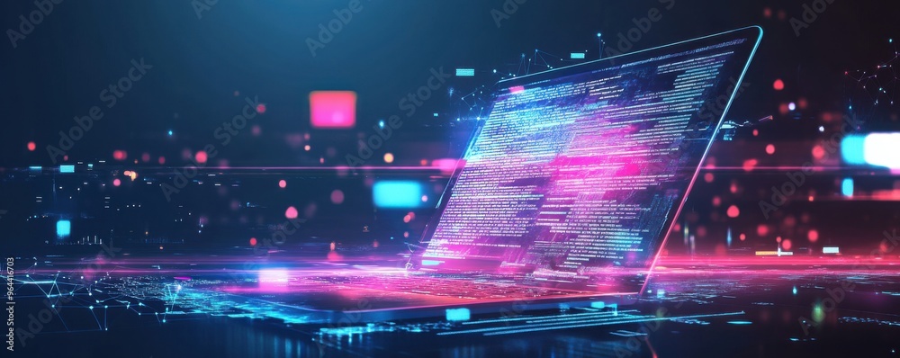 Poster futuristic laptop with code and data visualizations in neon glow representing technology and innovat