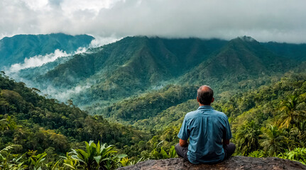 Naklejka premium A man meditates while sitting on a mountain with a tropical forest underneath.