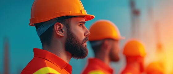 Close-up of construction workers in orange uniforms and helmets standing in line at sunset, symbolizing Labor Day concept