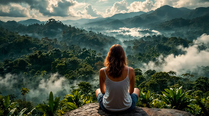 Naklejka premium Young woman meditating on top of a mountain