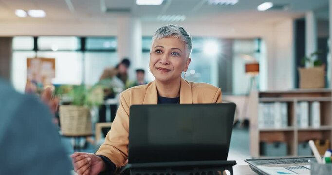 Woman, office and hiring manager and listening in recruitment with candidate or job opportunity. Female person, agency and company as hr management with onboarding, industry and business in interview