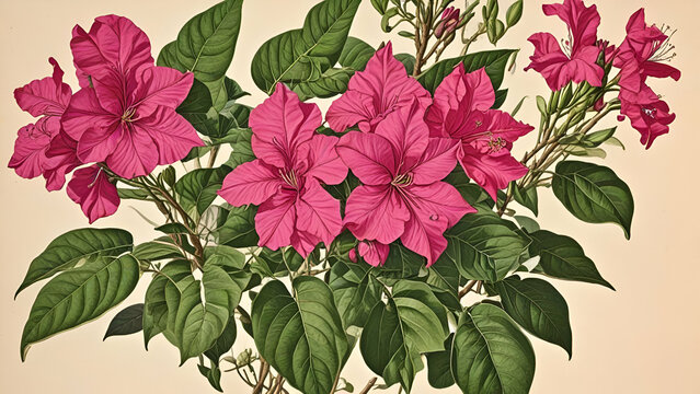 Old chromolithograph illustration of Botany, great bougainvillea yellow background,