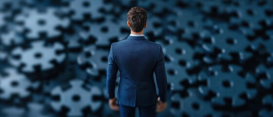 A man in a suit stands against a backdrop of abstract puzzle pieces, symbolizing problem-solving and strategy in business.
