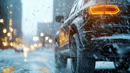 Luxury SUV Battling Snow Blizzard in Urban Setting with Intense Wind Gusts and Blurred Cityscape | Ultra-Realistic 4K Image of Winter Driving Experience