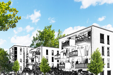 Drawing sketch of a residential area with modern apartment buildings, new green urban landscape in...