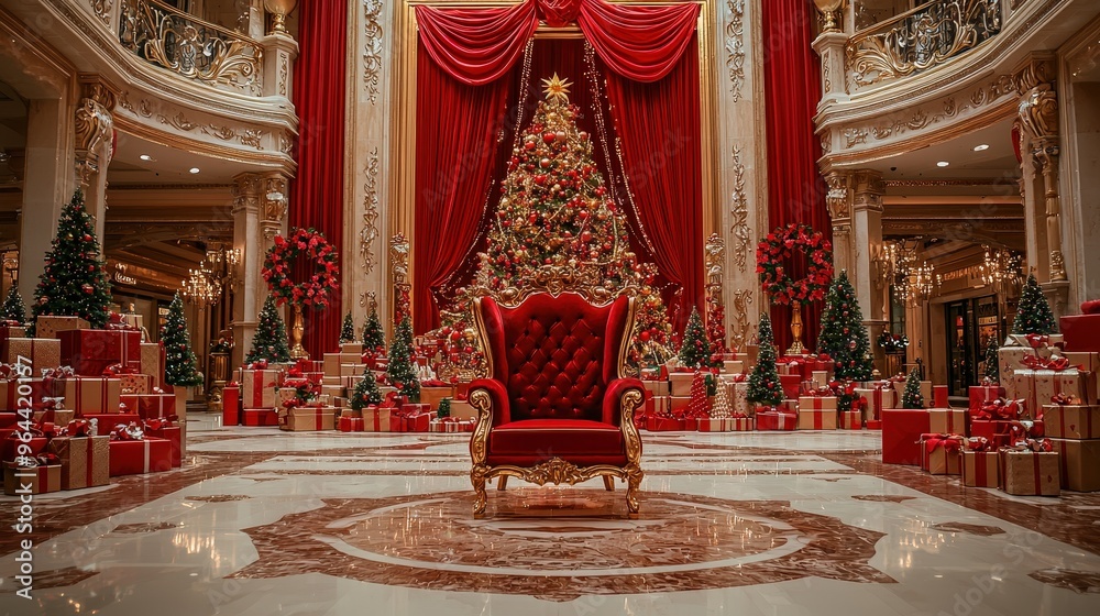 Poster A beautifully decorated luxurious hall features a towering Christmas tree adorned with lights and ornaments, surrounded by wrapped presents. A plush red throne adds to the festive atmosphere