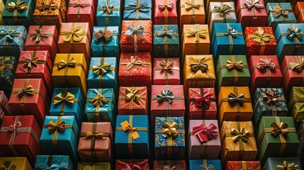 A vibrant collection of beautifully wrapped gift boxes in various colors and patterns sits arranged in neat rows, evoking excitement for the holiday festivities ahead