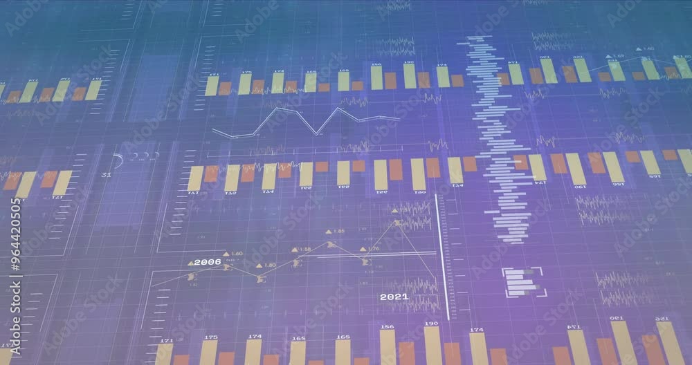 Wall mural Animation of data processing and diagrams over purple background