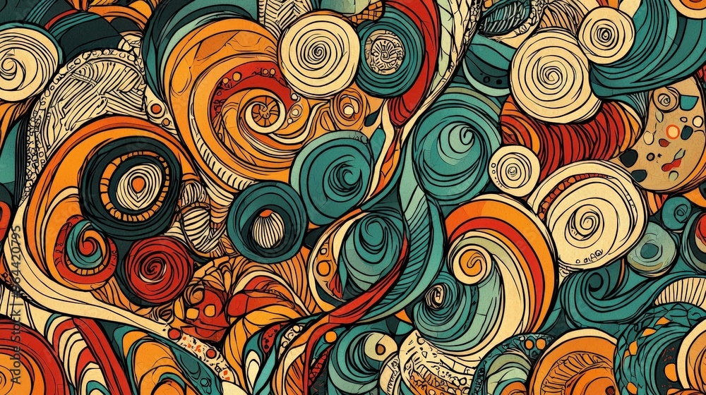 Poster The composition features a lively mix of swirling shapes in bright colors, intertwining to create a visually engaging abstract design with depth and rhythm