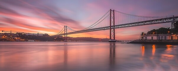 Obraz premium A suspension bridge stretches across a river at sunrise, with a vibrant sky in the background.