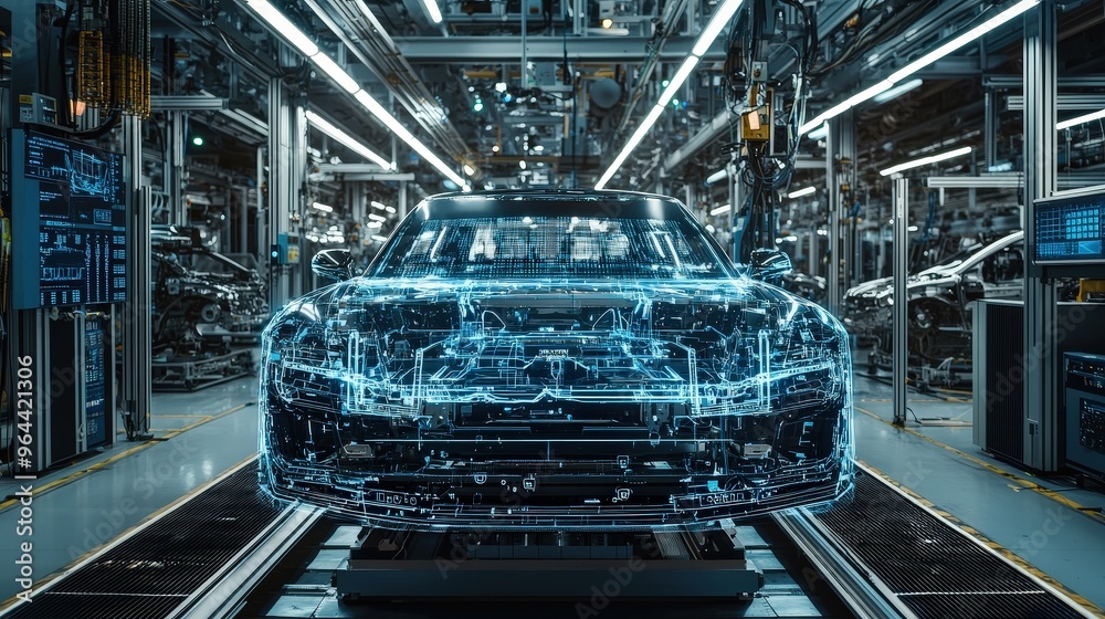 Poster a transparent car model is displayed at a high-tech automotive manufacturing facility. the assembly 
