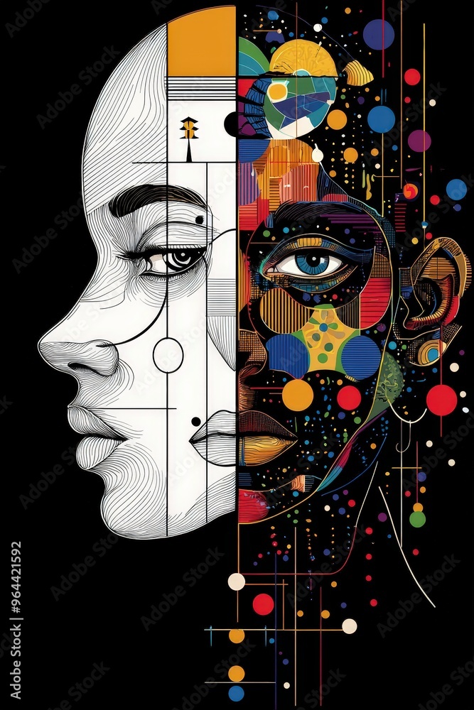 Poster the artwork displays a female face split into two distinct halves, one side featuring intricate line