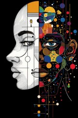 The artwork displays a female face split into two distinct halves, one side featuring intricate line patterns and the other vivid colors, showcasing the beauty of diversity
