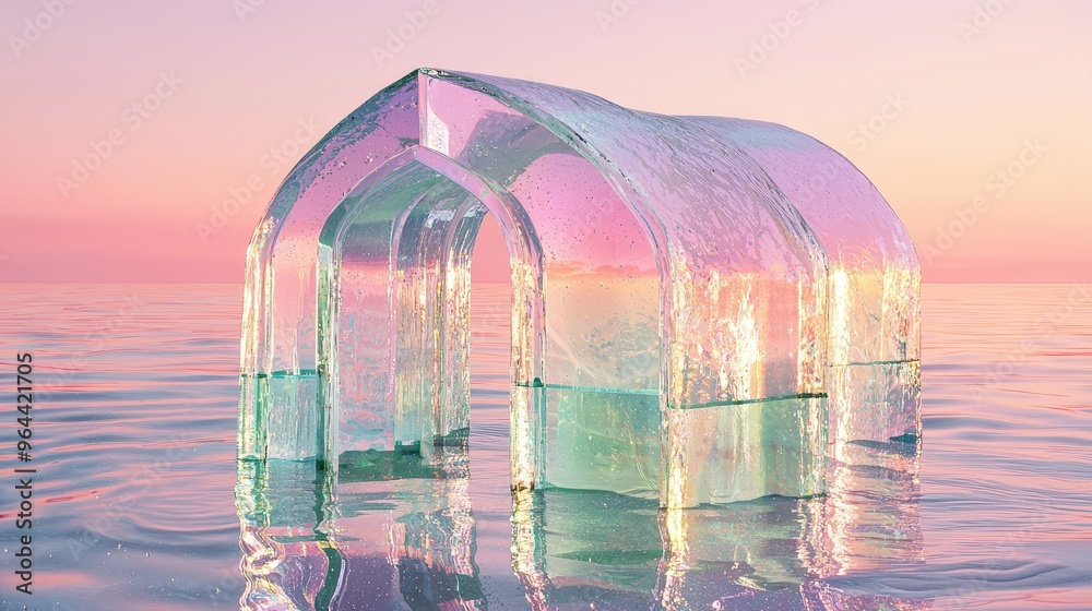 Aufkleber A unique transparent structure stands in serene water during sunset, creating a stunning visual of colors and reflections in the evening light