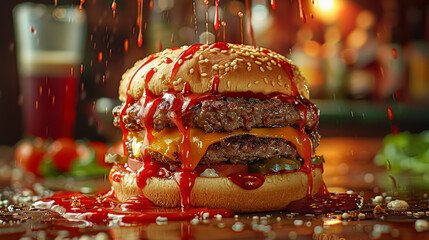 A burger with a lot of ketchup on it. The burger is dripping with ketchup and he is a messy, messy burger