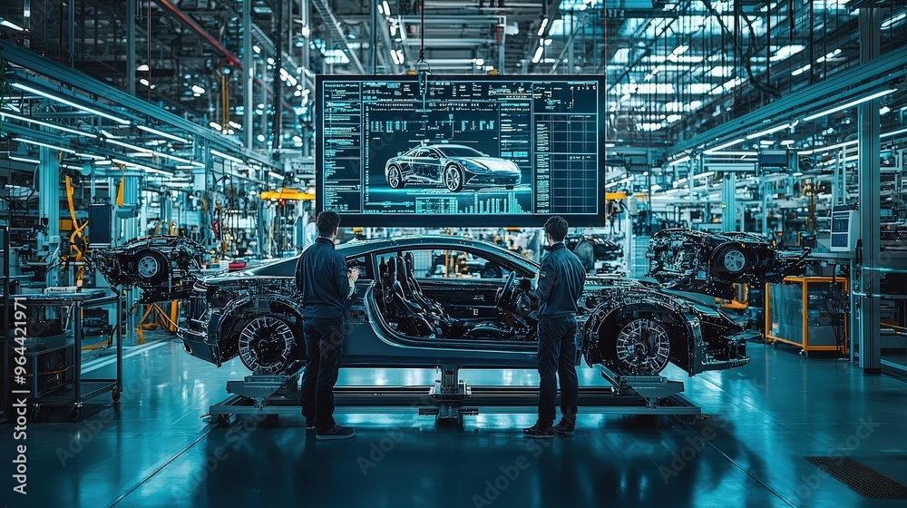 Poster Two engineers analyze data on a large display while adjusting a hybrid vehicle prototype on the assembly line in a modern manufacturing plant