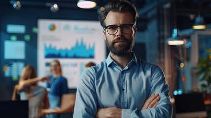 Fototapeta premium Confident businessperson celebrates success amidst positive office atmosphere with colleagues