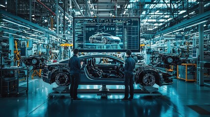 Fototapeta premium Two engineers analyze data on a large display while adjusting a hybrid vehicle prototype on the assembly line in a modern manufacturing plant