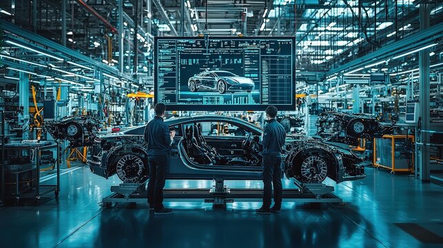 Two engineers analyze data on a large display while adjusting a hybrid vehicle prototype on the assembly line in a modern manufacturing plant