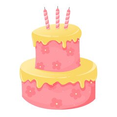 Two-tier pink cake with flowers and frosting in flat vector style on a white background. Festive cake with three candles and sweet decor. Cartoon birthday cake with flowers.