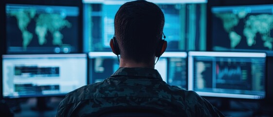 Person in military attire monitoring multiple computer screens with maps and data, symbolizing cybersecurity, threat detection, and training concept 