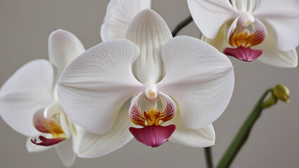 Beautiful pink orchid flowers close up. Selection of plants for decorating rooms. exotic flowers gray background,
