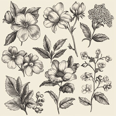 set of black and white flowers