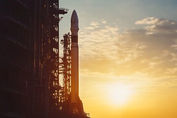 Obraz premium Rocket on Launchpad at Sunset