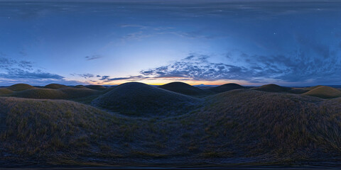 Panoramic 360-Degree View of Rolling Hills Under a Stunning Twilight Sky