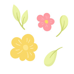 Simple collection of flowers and leaves isolated on white for design. Spring symbols, flowering and the beginning. Simple flower for design of prints, banners, cards and other typography products