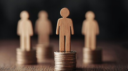 Wooden human figures standing on stacks of coins, symbolizing unemployment, labor market challenges, and financial aid concept