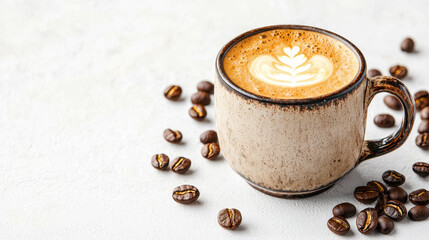 Warm cup of coffee with latte art surrounded by roasted coffee beans on a textured white background