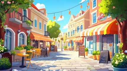 Fototapeta premium Bright and sunny day in a cartoon town with an inviting cafe, outdoor seating, and the aroma of freshly baked goods filling the air