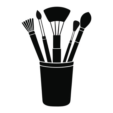 recommend clip art: a black silhouette of a container holding various makeup brushes. There are five brushes in total, each with different shapes and sizes of bristles, indicating they are used for different makeup appli