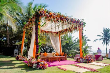 Indian wedding celebration with vibrant attire, joyful expressions, bright sunlight, decorated venue with flowers.