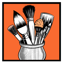 an illustration of a collection of various paintbrushes and art tools standing upright in a container. The brushes have different shapes and sizes, including a large flat brush, a round brush