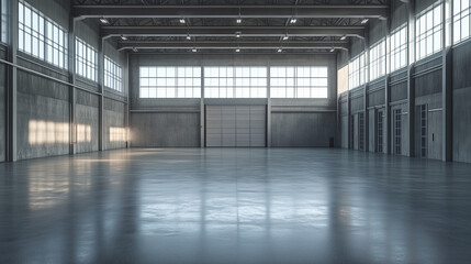Pusty magazyn z wieloma oknami, kt&oacute;re wpuszczają jasne światło do wnętrza. Betonowa podłoga jest gładka i odzwierciedlająca, co dodaje nowoczesnego wyglądu przestrzeni.