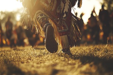 Native American powwow with dancers in traditional regalia, dynamic movement, warm lighting, open field with ceremonial grounds.