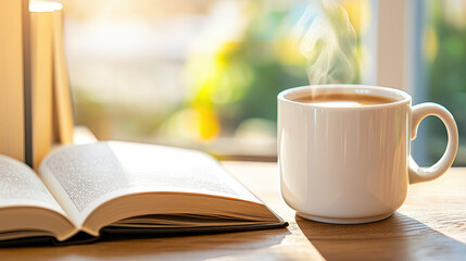 Hot coffee cup beside a partially open book on a wooden table with soft morning light streaming through the window
