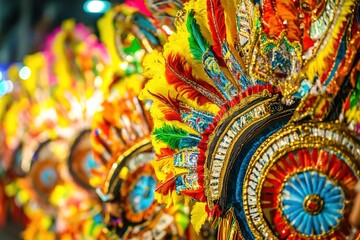 Brazilian Carnival parade with samba dancers in elaborate costumes, energetic expressions, bright lights, festive streets filled with people.